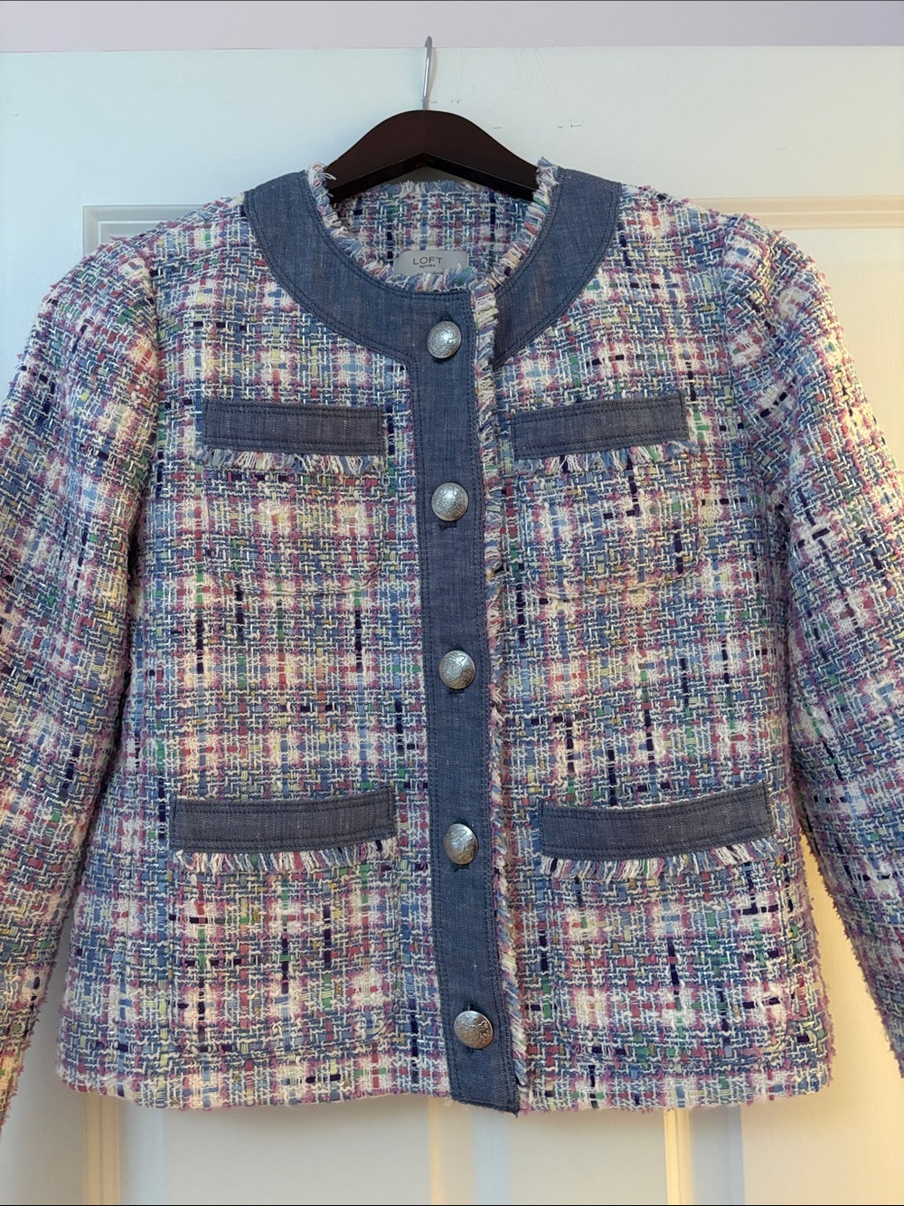 LOFT Petite Multicolor Tweed Jacket with Blue Denim Trim